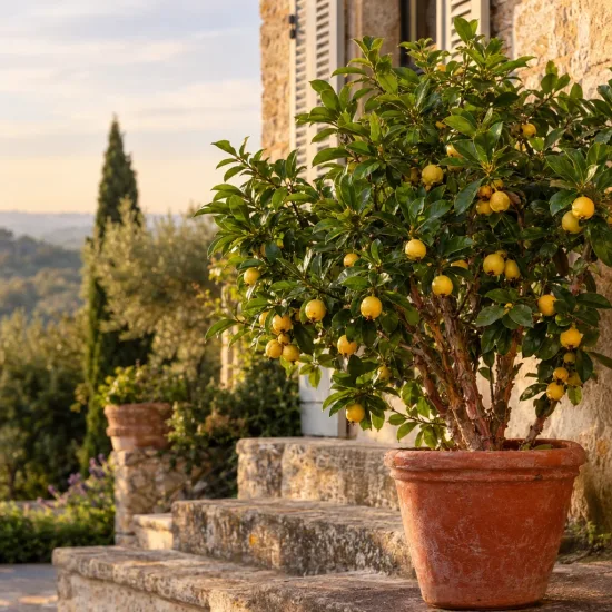 Goyavier de chine à fruits jaunes 'F. lucidum' (Psidium cattleyanum) — arbuste fruitier en pot sur marches en pierre · Photo d'illustration