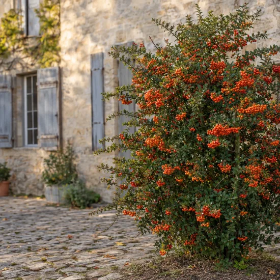 Buisson-ardent (Pyracantha) — arbuste couvert de baies orangées devant maison en pierre · Photo d'illustration
