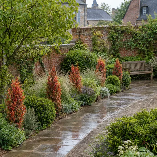 Épine-vinette de thunberg 'Orange rocket' (Berberis thunbergii) — massif d’arbustes colorés le long d’une allée · Photo d'illustration