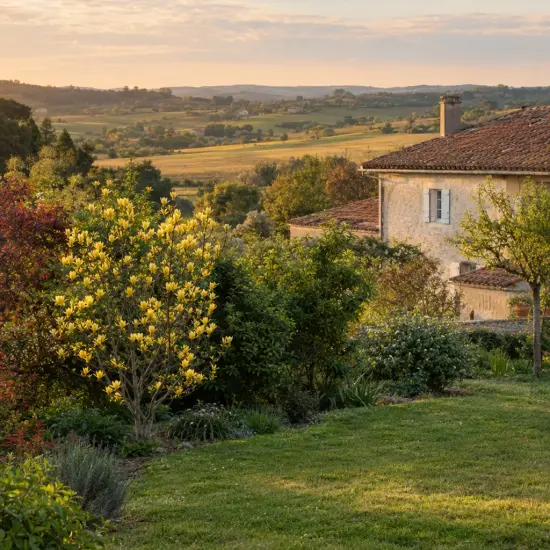 Magnolia 'Daphne' — grand arbuste fleuri devant maison de campagne