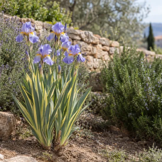 Iris pâle panaché de jaune 'Variegata aurea' (Iris pallida) — touffe de feuilles panachées et hampes fleuries violettes · Photo d'illustration