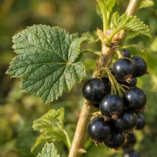 Casseillier anita 'Anita' (Ribes × nidigrolaria) — grappe de baies noires sur rameau feuillé · Photo d'illustration
