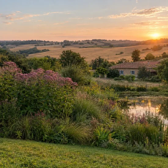 Eupatorium (Eupatorium purpureum) — massif de plantes fleuries près d'un étang au soleil couchant · Photo d'illustration