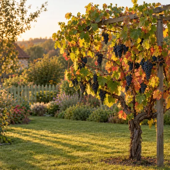 Cépage noir 'Gamay' (Vitis vinifera) — vigne palissée couverte de grappes de raisin mûres · Photo d'illustration