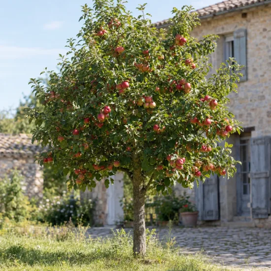 Pommier 'Astrakan rouge' (Malus domestica) — arbre fruitier chargé de pommes devant maison en pierre · Photo d'illustration