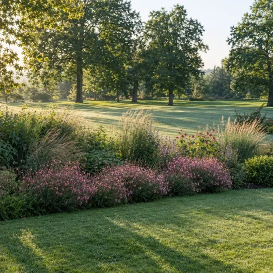 Gaura 'Geyser pink' (Gaura lindheimeri) — massif de fleurs roses bordant une pelouse · Photo d'illustration