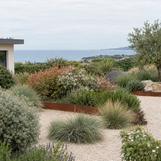 Arbre à thé 'Flurry' (Leptospermum) — massif arbustif méditerranéen dans jardin gravillonné en bord de mer · Photo d'illustration