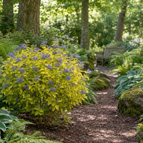 Barbe-bleue 'Worcester gold' (Caryopteris clandonensis) — arbuste à fleurs bleues au feuillage doré en sous-bois