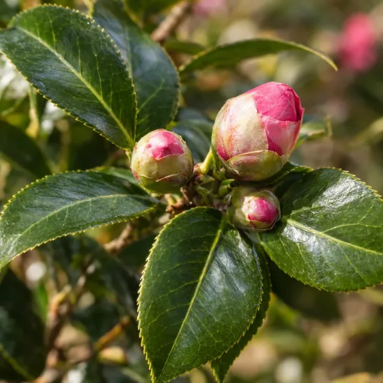 Camelia 'Debbie' (Camelia japonica) — bourgeons floraux roses parmi feuillage vert brillant · Photo d'illustration