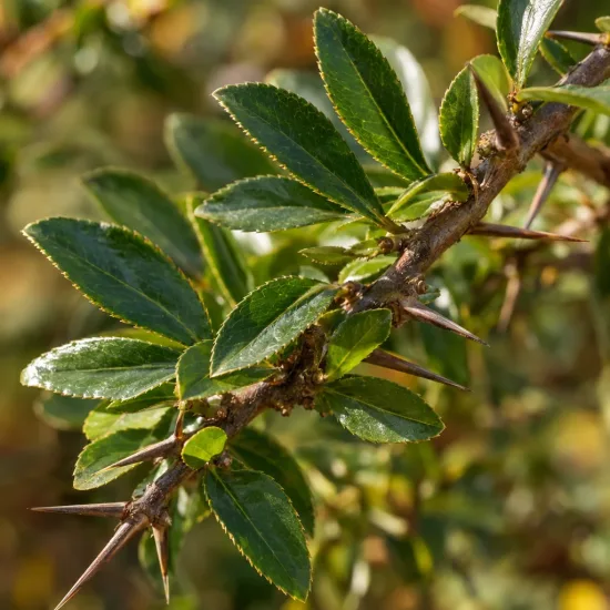Buisson ardent orange 'Orange glow' (Pyracantha coccinea) — rameau épineux avec feuillage vert brillant
