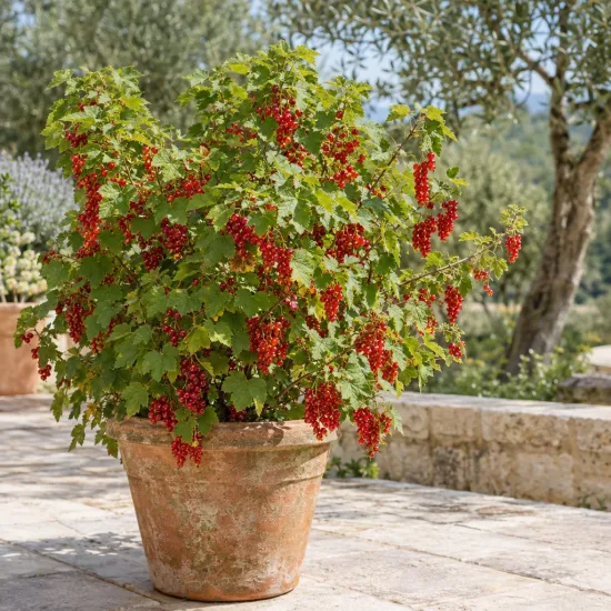 Groseillier à grappes rouges 'Monthou sur cher' (Ribes rubrum) — arbuste fruitier en pot sur terrasse ensoleillée · Photo d'illustration