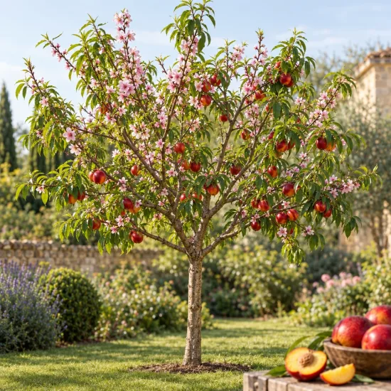 Nectarinier 'Nectared 4' (Prunus persica) — arbre fruitier au jardin avec nombreux fruits rouges · Photo d'illustration