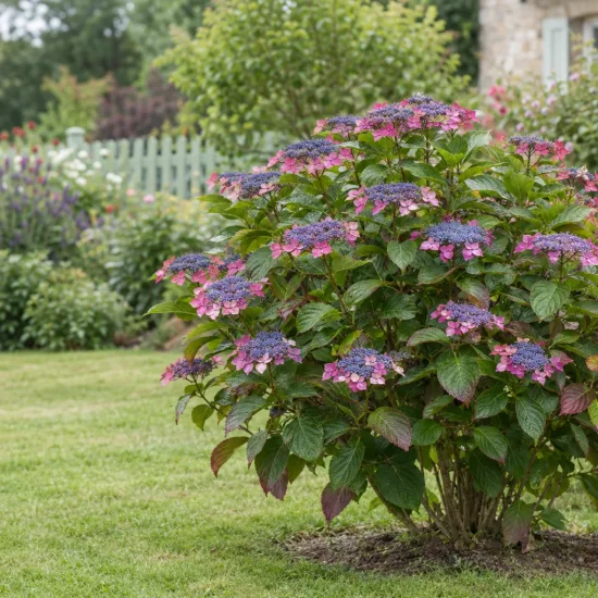 Hortensia 'Mousmee' (Hydrangea macrophylla) — arbuste fleuri au jardin devant pelouse · Photo d'illustration