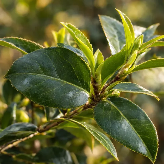 Camelia 'Beniguet' (Camelia japonica) — gros plan sur jeunes feuilles vernissées · Photo d'illustration