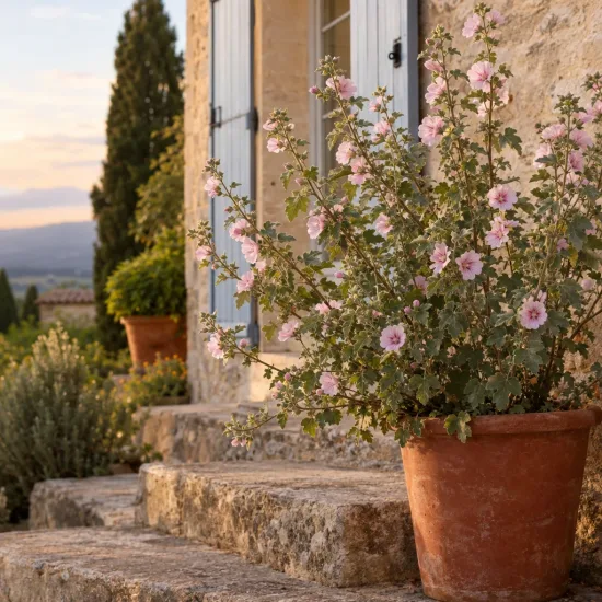 Mauve du cap (Anisodonthea malvastroides) — arbuste fleuri en pot devant maison en pierre · Photo d'illustration