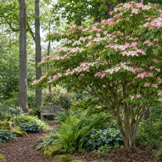 Cornouiller du japon 'Norman hadden' (Cornus kousa) — grand arbuste fleuri rose et blanc au jardin · Photo d'illustration