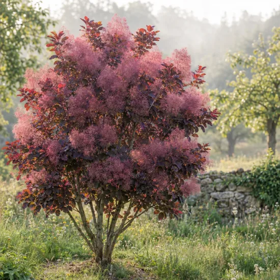 Arbre à perruque 'Magical ® torch' (Cotinus coggygria) — grand arbuste aux panicules plumeuses roses au jardin · Photo d'illustration