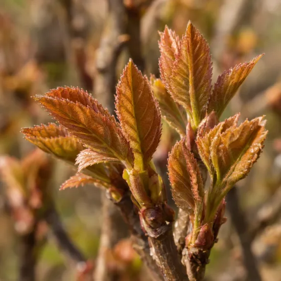 Viorne 'Aberconway' (Viburnum bodnantense) — jeunes pousses de feuilles bronze sur rameaux · Photo d'illustration
