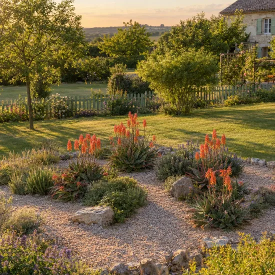 Aloès maculé 'Robusta' (Aloe maculata) — massif de plantes fleuries orangées dans jardin campagnard · Photo d'illustration