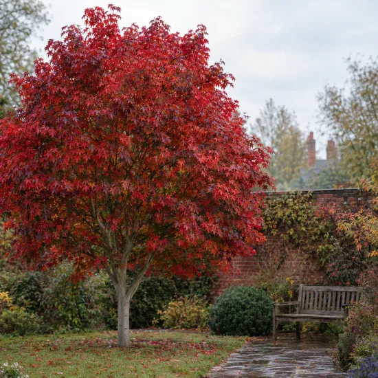 Érable rouge 'October glory' (Acer rubrum) — grand arbre au feuillage rouge dans un jardin · Photo d'illustration
