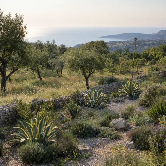 Agave d'amérique panaché jaune 'Marginata' (Agave americana) — massif d'agaves dans jardin méditerranéen en pente · Photo d'illustration