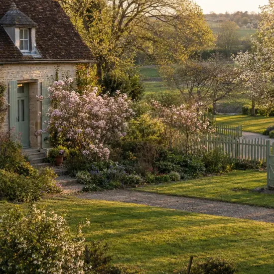 Magnolia étoilé 'Rosea' (Magnolia stellata) — arbustes fleuris roses devant une maison de campagne