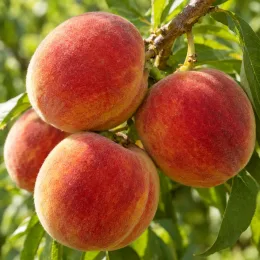Pêcher 'Fayette' (Prunus persica) — gros plan de plusieurs fruits mûrs