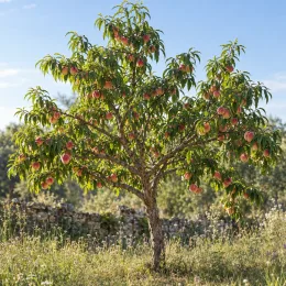 Pêcher 'Michelini' (Prunus persica) — arbre fruitier couvert de nombreux fruits mûrs