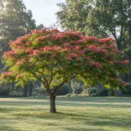 Arbre à soie à fleurs rouge 'Rouge selection' (Albizia) — arbre isolé au feuillage léger et fleurs roses · Photo d'illustration