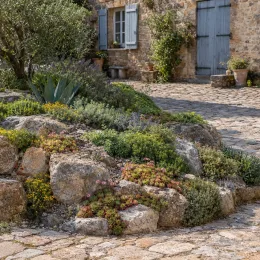 Joubarbe pineapple paradise 'Chick charms pineapple paradise' (Sempervivum) — massif de rocailles fleuries devant maison en pierre · Photo d'illustration