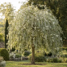 Poirier à feuilles de saule 'Pendula' (Pyrus salicifolia) — arbre pleureur isolé en fleurs au jardin · Photo d'illustration