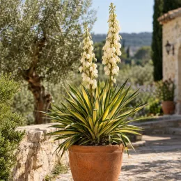 Yucca 'Golden sword' (Yucca flaccida) — plante graphique en pot sur terrasse ensoleillée · Photo d'illustration