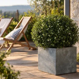 Houx crénelé 'Hollybox' (Ilex vomiforia) — boule de feuillage dense sur terrasse ensoleillée · Photo d'illustration