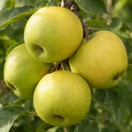 Pommier 'Mamula' (Malus domestica) — grappe de fruits ronds vert jaune sur branche · Photo d'illustration