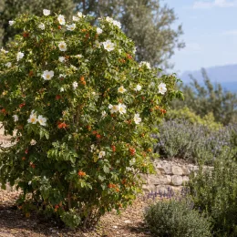 Rosier 'Alba' (Rosa rugosa) — arbuste à grandes fleurs blanches dans massif sec · Photo d'illustration