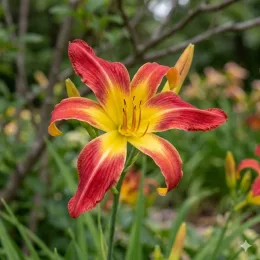 Hémérocalle 'El glorioso' (Hemerocallis) — fleur étoilée bicolore au jardin