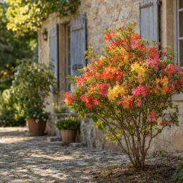 Azalée de chine (Azalea mollis) — buisson fleuri orange et rose devant maison