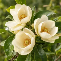 Magnolia à fleur blanc 'Fairy cream' (Michelia) — trois grandes fleurs crème parmi des feuilles vertes