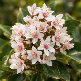 Raphiolépis du japon (Rhaphiolepis umbellata) — grappe de petites fleurs blanches rosées · Photo d'illustration