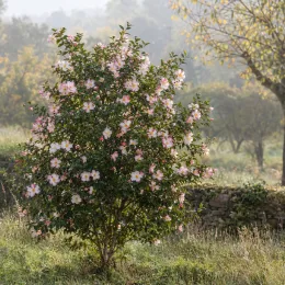 Camélia d'automne 'Narumi gata blanc' (Camellia sasanqua) — arbuste fleuri isolé dans un jardin champêtre · Photo d'illustration