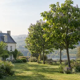Paulownia 'Futuro' (Paulownia elongata) — alignement d'arbres ombrageant une grande pelouse de jardin