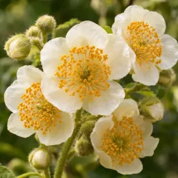 Kiwi 'Tomuri' (Actinidia deliciosa) — grappes de fleurs crème aux étamines jaunes · Photo d'illustration