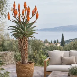 Aloès du cap (Aloe ferox) — grande succulente en pot tressé sur terrasse · Photo d'illustration