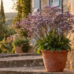 Statice (Limonium perezii) — plante fleurie en pot en terre sur marches · Photo d'illustration
