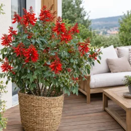 Corail 'Kylian julien' (Erythrina) — arbuste fleuri en pot sur terrasse en bois · Photo d'illustration
