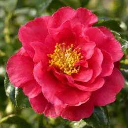 Camélia d'automne 'Kanjiro rouge' (Camellia sasanqua) — gros plan de fleur rouge aux étamines jaunes · Photo d'illustration