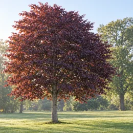 Hêtre commun 'Purpurea' (Fagus sylvatica) — arbre isolé au feuillage dense pourpre · Photo d'illustration