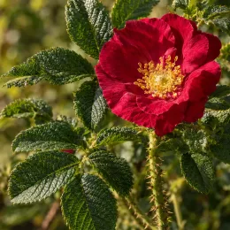 Rosier rugueux carmen 'Carmen' (Rosa rugosa) — fleur rouge ouverte avec cœur jaune vif · Photo d'illustration