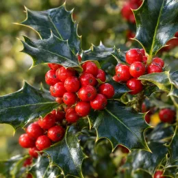 Houx arbustif femelle 'Blue princess' (Ilex × meserveae) — bouquet de baies rouges sur feuillage brillant · Photo d'illustration
