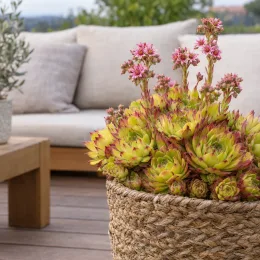 Joubarbe lemon waves 'Chick charms lemon waves' (Sempervivum) — succulente en panier tressé sur terrasse, fleurs roses · Photo d'illustration